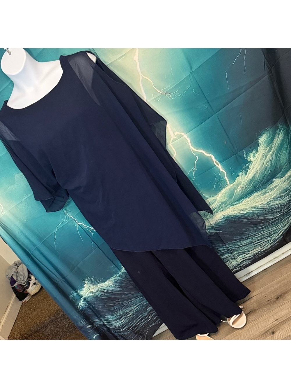 Women’s Navy Wide-Leg Jumpsuit with Sheer Cape Overlay